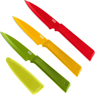Kuhn Rikon 24266 4" Assorted Colors Stainless Steel Straight Paring Knife with Safety Sheath