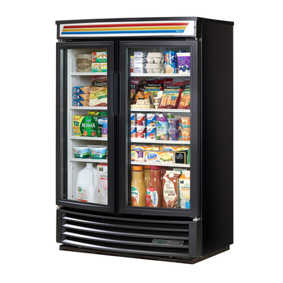 True GDM-14RF-HC-LD 30.38" W Black Powder Coated Steel 2 Low-E Thermal Glass Hinged Doors Radius Front Merchandiser - 115 Volts