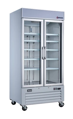 Omcan USA 50126 31.5 Cu. Ft. Stainless Steel 2-Section Reach-In Merchandiser Refrigerator - 115 Volts