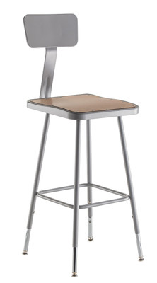 National Public Seating 6324HB 47.5" H Brown Contoured Square Wood Seat Height Adjustable Heavy Duty Steel Stool with Gray Backrest