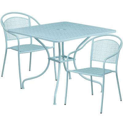 Flash Furniture CO-35SQ-03CHR2-SKY-GG 35.5" Dia. Sky Blue Steel Square Table with 2 Round Back Chairs Patio Table Set