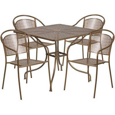 Flash Furniture CO-35SQ-03CHR4-GD-GG 35.5" Dia. Gold Steel Square Table with 4 Round Back Chairs Patio Table Set