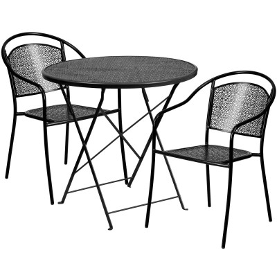 Flash Furniture CO-30RDF-03CHR2-BK-GG 30" Dia. Black Steel Round Table with 2 Round Back Chairs Patio Table Set