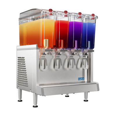Crathco-UNIC CS-4E-16-290 Simplicity Series 20.5" W Stainless Steel Base with 4 (2.4 Gal.) Clear Plastic Bowls Electric Bubbler Mini-Quad Pre-Mix Cold Beverage Dispenser - 120 Volts