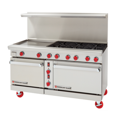 American Range ARGF-24G-6B-126L 60" W Stainless Steel 6 Burners with 24" Griddle Liquid Propane Green Flame Range - 282,000 BTU