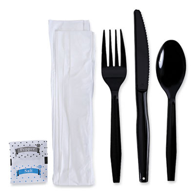 Essendant BWKFKTNSMWPSBLA 11.42" W Black Plastic Six-Piece Cutlery Kit Mediumweight Fork Knife Napkin Pepper Salt and Spoon - 250 per Carton
