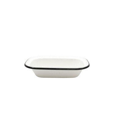 TableCraft Products 80014  9 3/8" W x 7" D x 2" H Rectangular Vitreous Porcelain Enamel Coated Steel Creamy White With Black Rim Enamelware Collection Serving Pan
