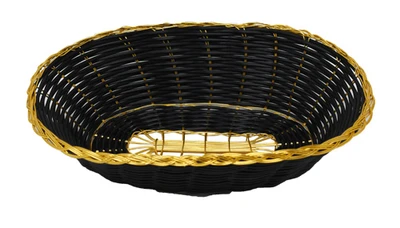 Omcan USA 47194 9″ D x 6.25″ W x 2.25" H Black Golden Trim Long Oval Woven Basket