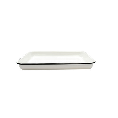 TableCraft Products 80012 16" x 11 1/2" x 1 1/2" Rectangular Vitreous Porcelain Enamel Coated Steel Creamy White With Black Enamelware Collection Serving Tray