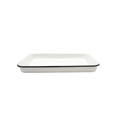 TableCraft Products 80012 16" x 11 1/2" x 1 1/2" Rectangular Vitreous Porcelain Enamel Coated Steel Creamy White With Black Enamelware Collection Serving Tray