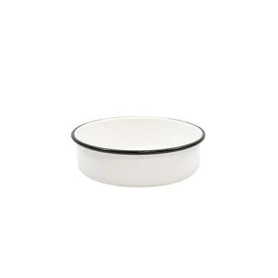 TableCraft Products 80016 2 1/4" x 8 1/2" Dia. Round Vitreous Porcelain Enamel Coated Steel Creamy White With Black Rim Enamelware Collection Serving Tray