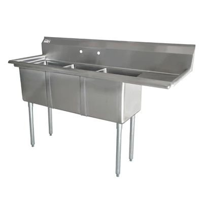 Omcan USA 43757 48.5" W Stainless Steel 18 Gauge Three Compartment with Drainboards Pot Sink