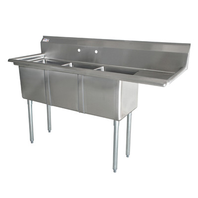 Omcan USA 43757 48.5" W Stainless Steel 18 Gauge Three Compartment with Drainboards Pot Sink
