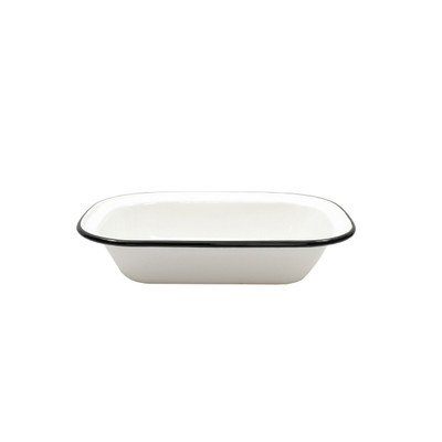 TableCraft Products 80015 11" W x 8 1/8" D x 2 3/8" H Rectangular Vitreous Porcelain Enamel Coated Steel Creamy White With Black Rim Enamelware Collection Serving Pan