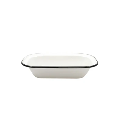TableCraft Products 80015 11" W x 8 1/8" D x 2 3/8" H Rectangular Vitreous Porcelain Enamel Coated Steel Creamy White With Black Rim Enamelware Collection Serving Pan