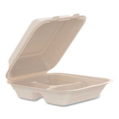 Essendant DCC80FBRHT3 8.86" W Beige 3 Compartments Compostable Molded Fiber Hinged Trays - 200 Each per Carton