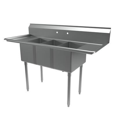 BK Resources ES-3-1220-12-12T 60" W x 25.81" D x 43.75" H Stainless Steel 18 Gauge Three Compartment Economy Sink with Left and Right-Hand Drainboards