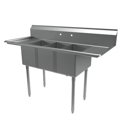 BK Resources BKS-3-1220-12-12T 60" W x 25.81" D x 39.75" H Stainless Steel 18 Gauge Three Compartment Convenience Store Sink with Left and Right-Hand Drainboards