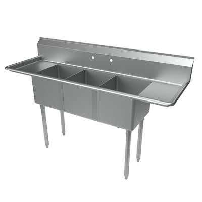 BK Resources ES-3-1416-12-12T 67" W x 21.81" D x 43.75" H Stainless Steel 18 Gauge Three Compartment Economy Sink with Left and Right-Hand Drainboards