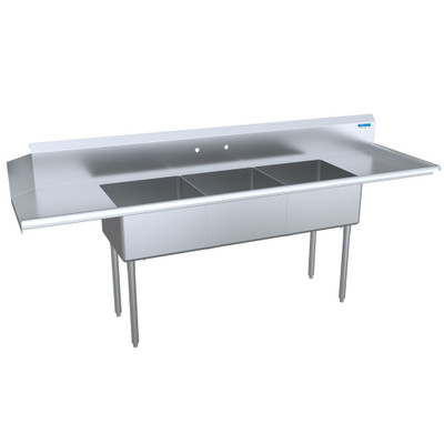 BK Resources BKSDT-3-20-12-20RS 100" W x 30.5 D x 44" H Stainless Steel 18 Gauge Three-Compartment Soiled Dishtable with 10" H Backsplash