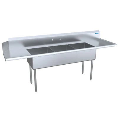 BK Resources BKSDT-3-20-12-20RS 100" W x 30.5 D x 44" H Stainless Steel 18 Gauge Three-Compartment Soiled Dishtable with 10" H Backsplash