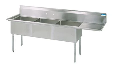 BK Resources BKS-3-1620-12-18R 68.5" W x 25.81" D x 43.75" H Stainless Steel 18 Gauge Three Compartment Sink with Right-Hand Drainboard