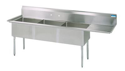 BK Resources BKS-3-1620-12-18R 68.5" W x 25.81" D x 43.75" H Stainless Steel 18 Gauge Three Compartment Sink with Right-Hand Drainboard