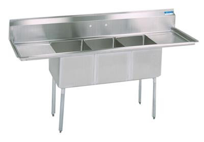 BK Resources BKS-3-1824-14-18T 90" W x 29.81" D x 43.75" H Stainless Steel 18 Gauge Three Compartment Sink with Left and Right-Hand Drainboards