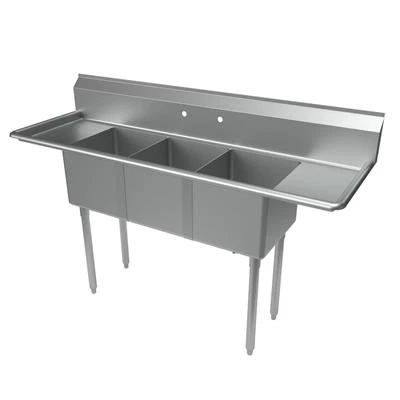 BK Resources BKS-3-1416-12-12T 66" W x 21.81" D x 39.75" H Stainless Steel 18 Gauge Three Compartment Convenience Store Sink with Left and Right-Hand Drainboards
