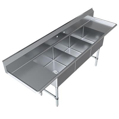 BK Resources BKS-3-20-12-18T 96" W x 25.81" D x 43.75" H Stainless Steel 18 Gauge Three Compartment Sink with Left and Right-Hand Drainboards