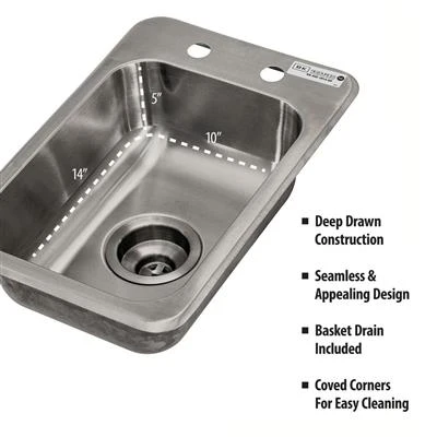 BK Resources BK-DIS-1014 12" W x 18" D x 9.37" H Stainless Steel 18 Gauge One Compartment Drop-In Sink without Drainboards