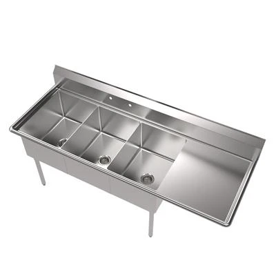 BK Resources BKS-3-1824-14-24R 80.5" W x 29.81" D x 43.75" H Stainless Steel 18 Gauge Three Compartment Sink with Right-Hand Drainboard
