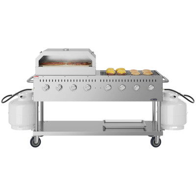 Koolmore CGKIT6-P30 60.8" W Stainless Steel 8 Burners Liquid Propane Mobile Commercial Outdoor Grill with 30" Pizza Oven - 128,000 BTU