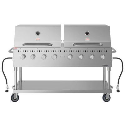 Koolmore CGKIT6-D30D30 60.8" W Stainless Steel 8 Burners Liquid Propane Mobile Commercial Outdoor Grill with 2 Roll Dome Covers - 128,000 BTU
