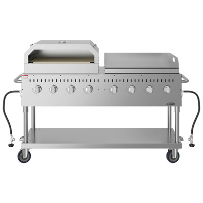 Koolmore CGKIT6-G30P30 60.8" W Stainless Steel 8 Burners Liquid Propane Mobile Commercial Outdoor Grill with 30" Pizza Oven and Griddle Plate - 128,000 BTU