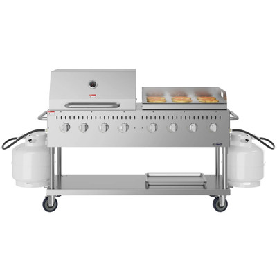 Koolmore CGKIT6-D30G30 60.8" W Stainless Steel 8 Burners Liquid Propane Mobile Commercial Outdoor Grill with 30" Heavy Duty Carbon Steel Griddle Plates and Roll Dome Cover - 128,000 BTU