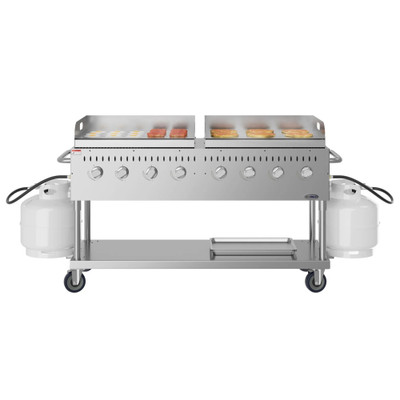 Koolmore CGKIT6-G30G30 60.8" W Stainless Steel 8 Burners Liquid Propane Mobile Commercial Outdoor Grill with (2) 30" Heavy Duty Carbon Steel Griddle Plates - 128,000 BTU