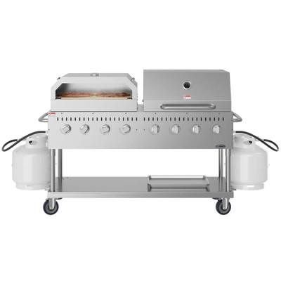 Koolmore CGKIT6-D30P30 60.8" W Stainless Steel 8 Burners Liquid Propane Mobile Commercial Outdoor Grill with 30" Pizza Oven and Roll Dome Cover - 128,000 BTU