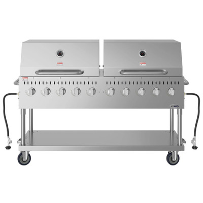 Koolmore CGKIT7-D36D36 72.4" W Stainless Steel 10 Burners Liquid Propane Mobile Commercial Outdoor Grill with (2) 36" Roll Dome Cover - 160,000 BTU