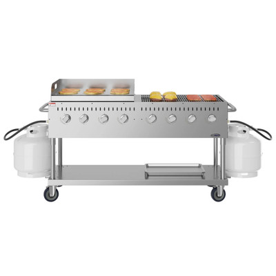Koolmore CGKIT6-G30 60.8" W Stainless Steel 8 Burners Liquid Propane Mobile Commercial Outdoor Grill with 30" Heavy Duty Carbon Steel Griddle Plates - 128,000 BTU