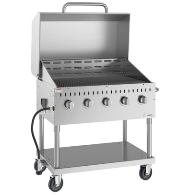Koolmore CGKIT3-36D 35.8" W Stainless Steel 5 Burners Liquid Propane Mobile Commercial Outdoor Grill with Roll Dome Cover - 80,000 BTU