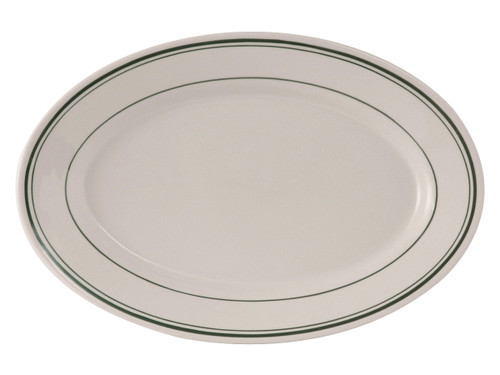 Tuxton TGB-042 Ceramic American White/Eggshell With Green Band Oval / Oblong Platter (6 Each Per Case)