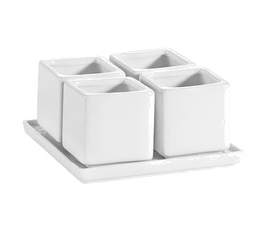 CAC China DT-SQ4 Super White Porcelain Square Gourmet Collection Tray and Bowl Set (10 Set Per Case)