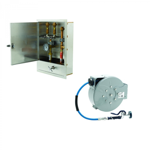 T&S Brass B-2339 Hose Reel Assembly 30' closed hose reel cabinet with control valve & temperature gauge coated metal hose reel
