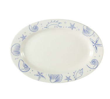 CAC China ATC-51-AW Blue Decorated Rim and American White Ceramic Oval Atlantic Seashell Platter (1 Dozen)