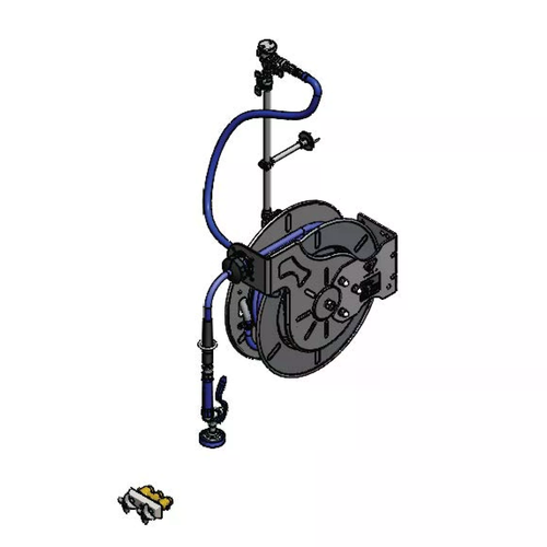 T&S Brass B-7142-U01XS11 36" Flexible Water Hose Stainless Steel 3" Concealed Mixing Faucet Open Hose Reel Assembly with Blue Spray Valve