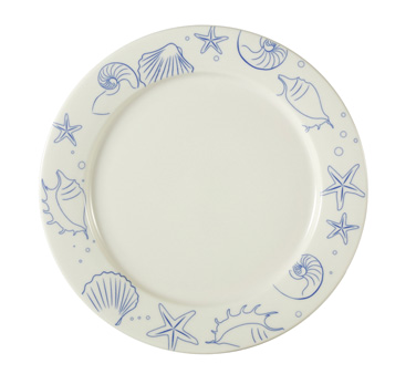 CAC China ATC-21-AW 12" Dia. Blue Decorated Rim and American White Ceramic Round Atlantic Seashell Plate (1 Dozen)