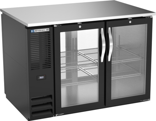 Beverage Air BB48HC-FG-PT-B 48" W Black Galvanized Two-Section Glass Door Refrigerated Pass-Thru Back Bar Open Food Rated Refrigerator - 115 Volts