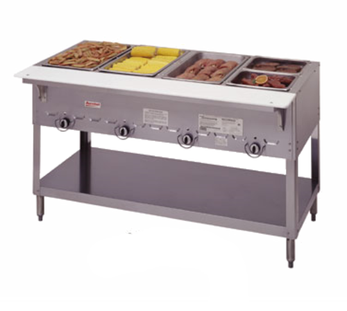 Duke 304-NG 58.38" W Natural Gas Stainless Steel 4 Pan Open Base Aerohot Steamtable Hot Food Unit - 10000 BTU