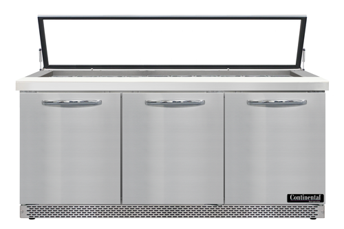 Continental Refrigerator SW72N30M-HGL-FB 72" W Three-Section Three Door Mighty Top Sandwich Unit with Hinged Glass Lid